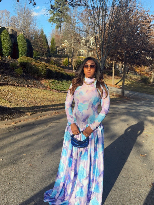 ZAHARA FLOWY MAXI DRESS – ABSTRACT MARBLE PRINT | ELEGANT FREE-SIZE AFRICAN LUXURY GOWN