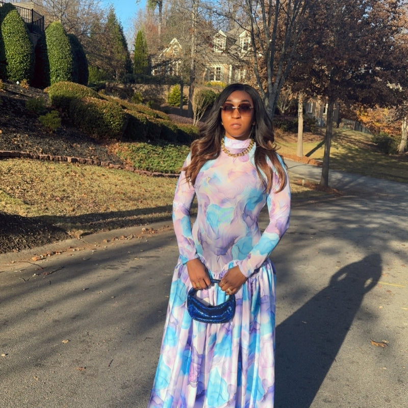 ZAHARA FLOWY MAXI DRESS – ABSTRACT MARBLE PRINT | ELEGANT FREE-SIZE AFRICAN LUXURY GOWN