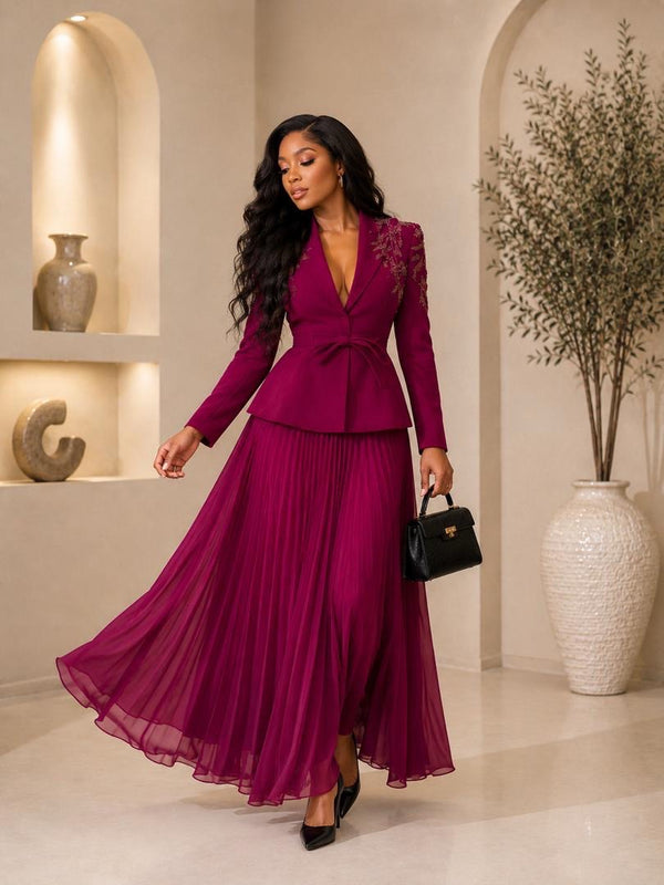 Symphony Embellished Blazer & Pleated Maxi Skirt Set