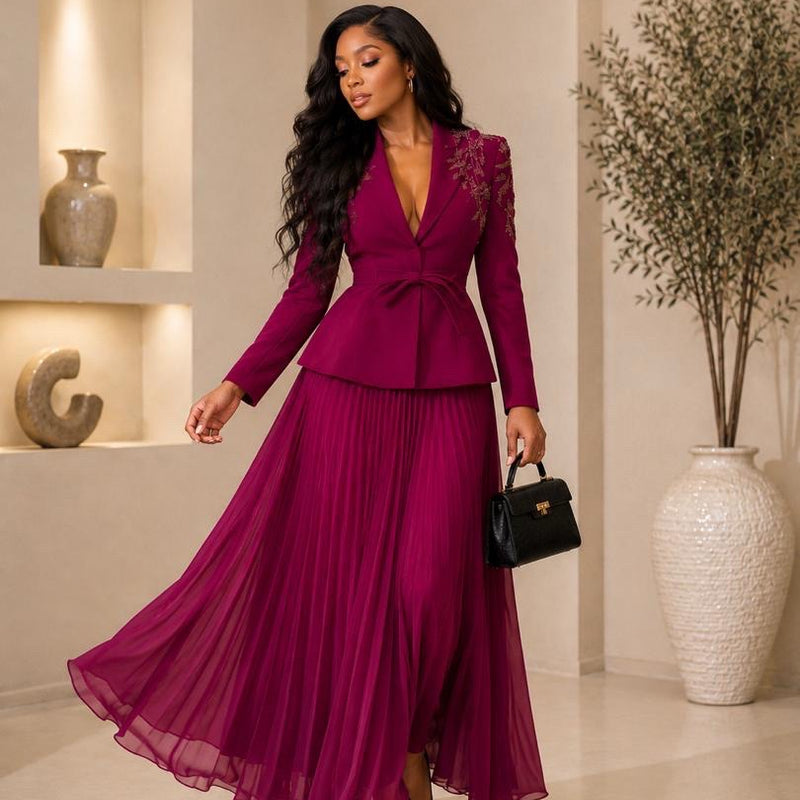 Symphony Embellished Blazer & Pleated Maxi Skirt Set