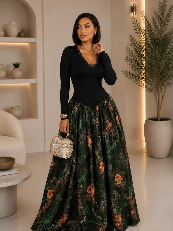 AsoElan Nene Flowy Silk Maxi Dress – Floral Long Sleeve Elegant Dress