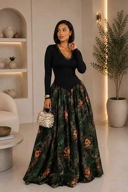 AsoElan Nene Flowy Silk Maxi Dress – Floral Long Sleeve Elegant Dress