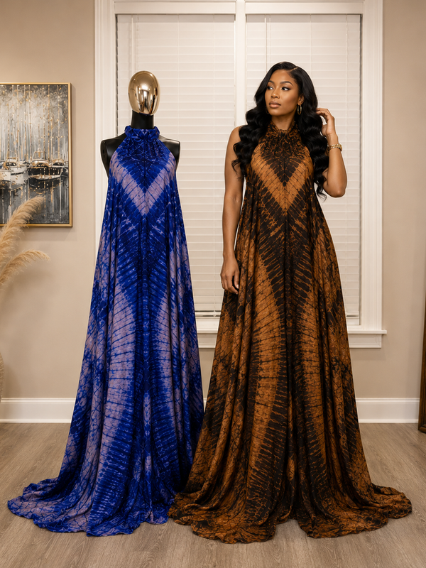 Poko Adire Silk Open Back Dress
