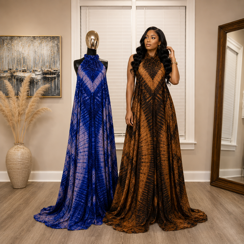 Poko Adire Silk Open Back Dress
