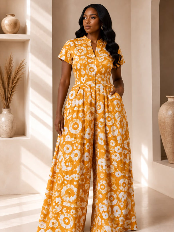 Lola Adire Wide Leg Flowy Jumpsuit- Aso Elan