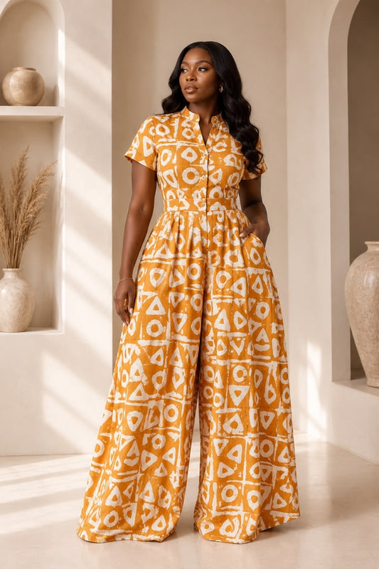 Lola Adire Wide Leg Flowy Jumpsuit- Aso Elan