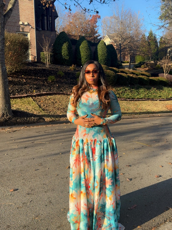 ZAHARA FLOWY MAXI DRESS – ABSTRACT MARBLE PRINT | ELEGANT FREE-SIZE AFRICAN LUXURY GOWN