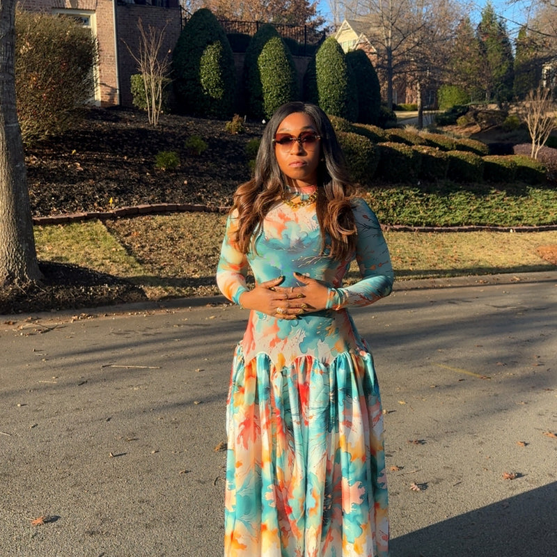 ZAHARA FLOWY MAXI DRESS – ABSTRACT MARBLE PRINT | ELEGANT FREE-SIZE AFRICAN LUXURY GOWN