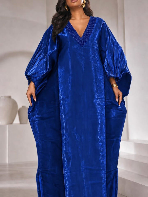 Achalugo Boubou Kaftan | Luxury Silk African Maxi Dress, Embellished Neckline