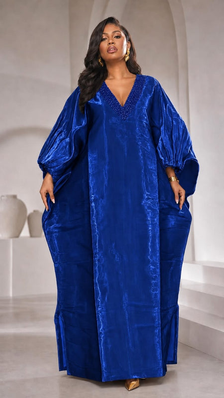 Achalugo Boubou Kaftan | Luxury Silk African Maxi Dress, Embellished Neckline