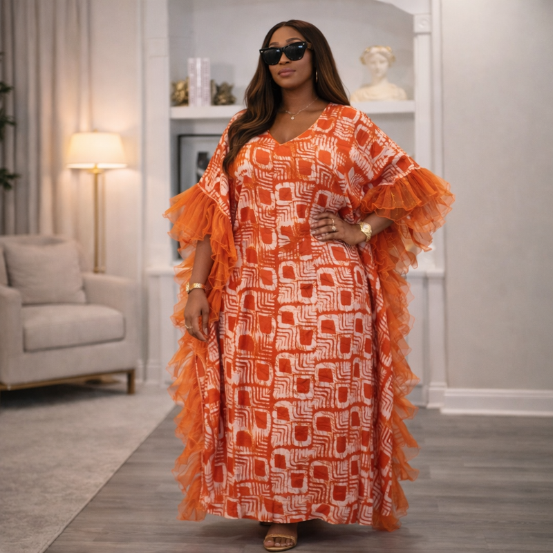 Thalia Adire Fluffy Kaftan | Elegant African Kaftan Dress