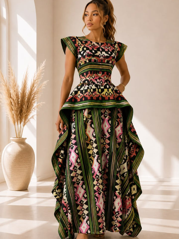 Title AsoElan Elle Akwete 2-Piece Skirt Set – Printed Crop Top & Tiered Maxi Skirt