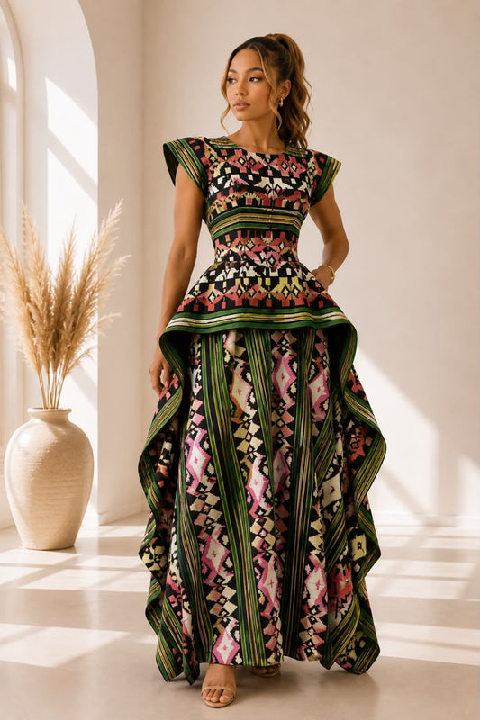 Title AsoElan Elle Akwete 2-Piece Skirt Set – Printed Crop Top & Tiered Maxi Skirt