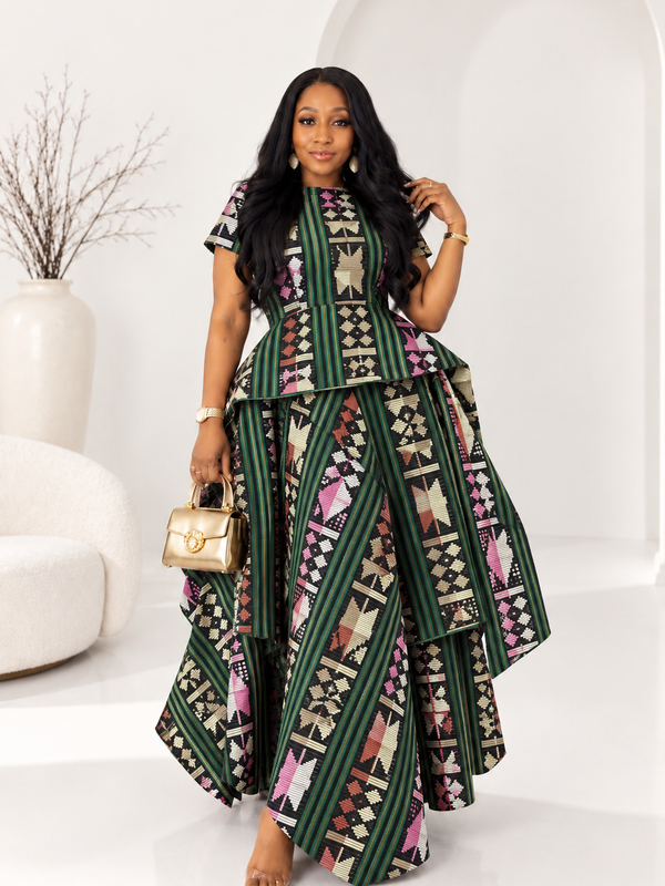 Title AsoElan Elle Akwete 2-Piece Skirt Set – Printed Crop Top & Tiered Maxi Skirt