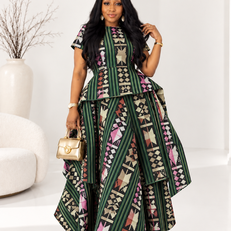 Title AsoElan Elle Akwete 2-Piece Skirt Set – Printed Crop Top & Tiered Maxi Skirt