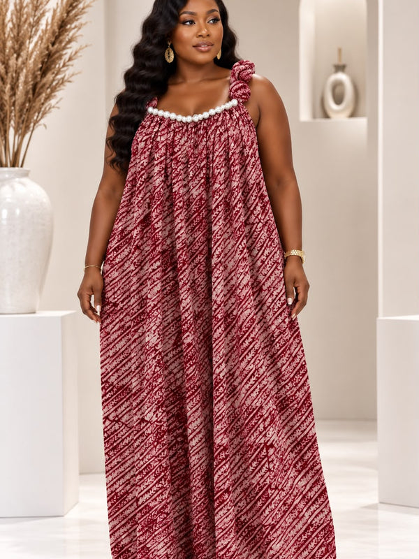 Kuala Adire Luxe Flowy Pearl Dress - Hand-Dyed African Print Kaftan Maxi