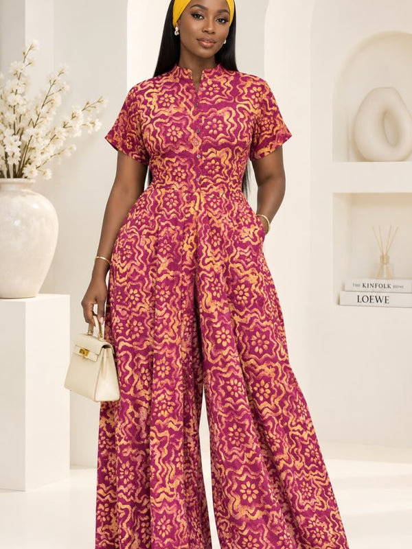 Lola Adire Wide Leg Flowy Jumpsuit- Aso Elan