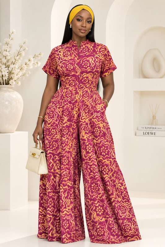Lola Adire Wide Leg Flowy Jumpsuit- Aso Elan