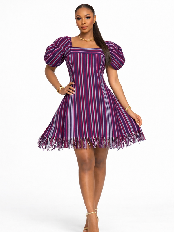 NYLA Ashoke Dress – African Aso Oke Mini Dress | Luxury Statement Puff Sleeve Dress for Women