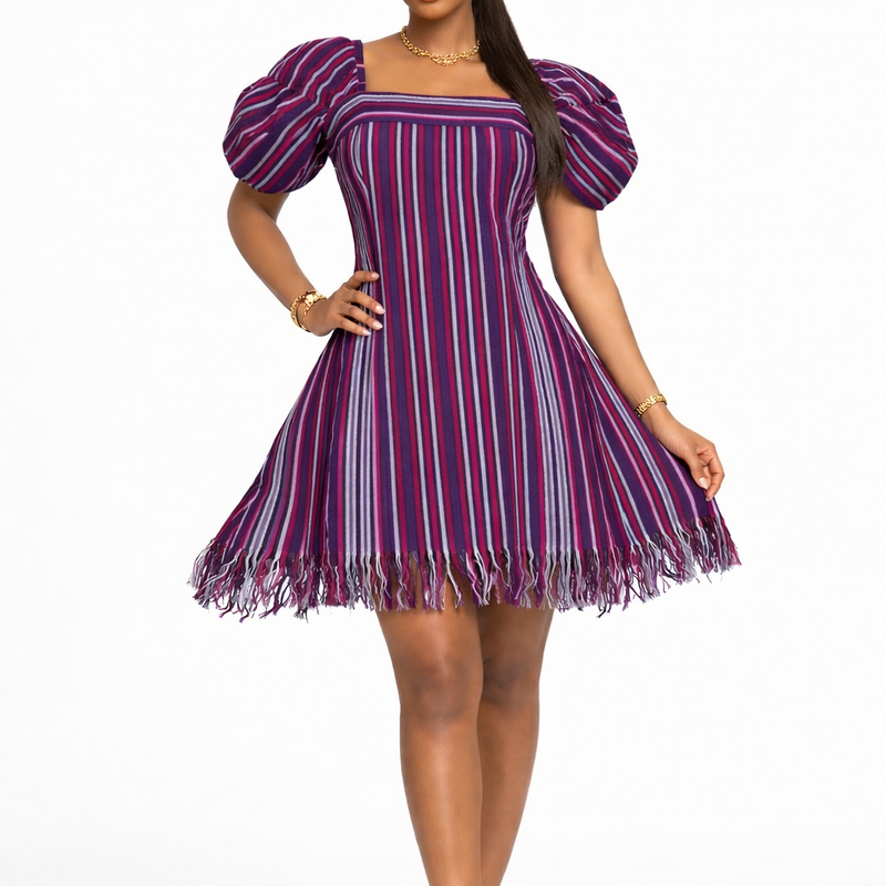 NYLA Ashoke Dress – African Aso Oke Mini Dress | Luxury Statement Puff Sleeve Dress for Women