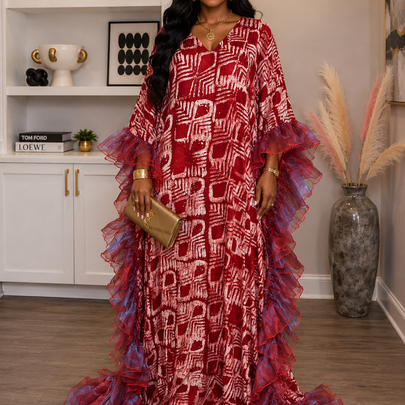Thalia Adire Fluffy Kaftan | Elegant African Kaftan Dress