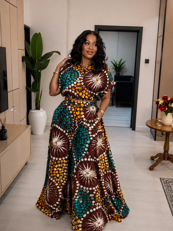 AsoElan Joseline Adire Flowy Maxi Dress – Long Sleeve Printed African Print Dress