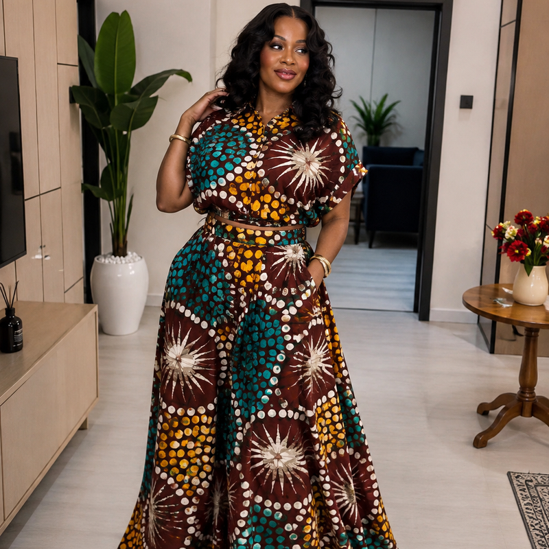 AsoElan Joseline Adire Flowy Maxi Dress – Long Sleeve Printed African Print Dress