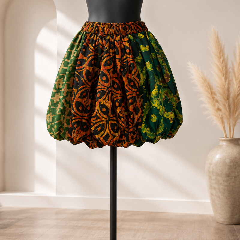 Loulou Adire Silk Bubble Midi Skirt – Luxury Statement Skirt