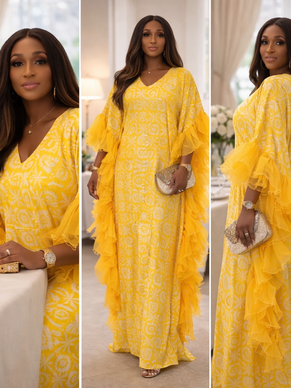 Thalia Adire Fluffy Kaftan | Elegant African Kaftan Dress