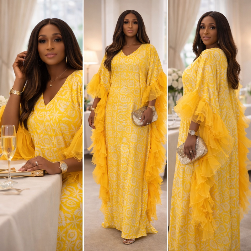 Thalia Adire Fluffy Kaftan | Elegant African Kaftan Dress