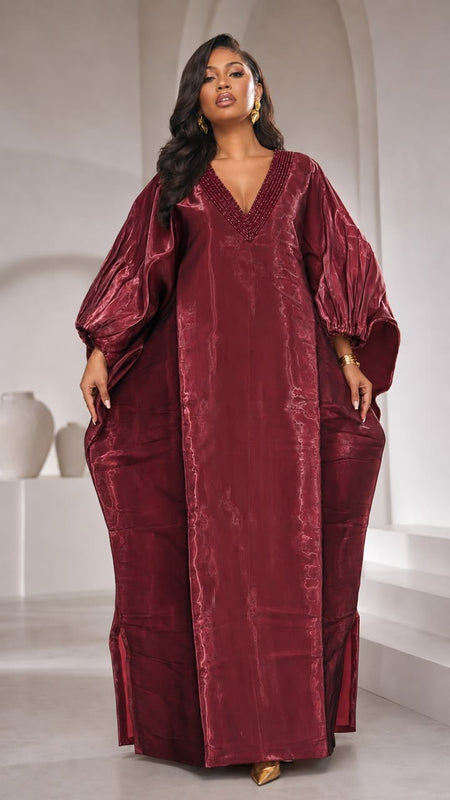 Achalugo Boubou Kaftan | Luxury Silk African Maxi Dress, Embellished Neckline