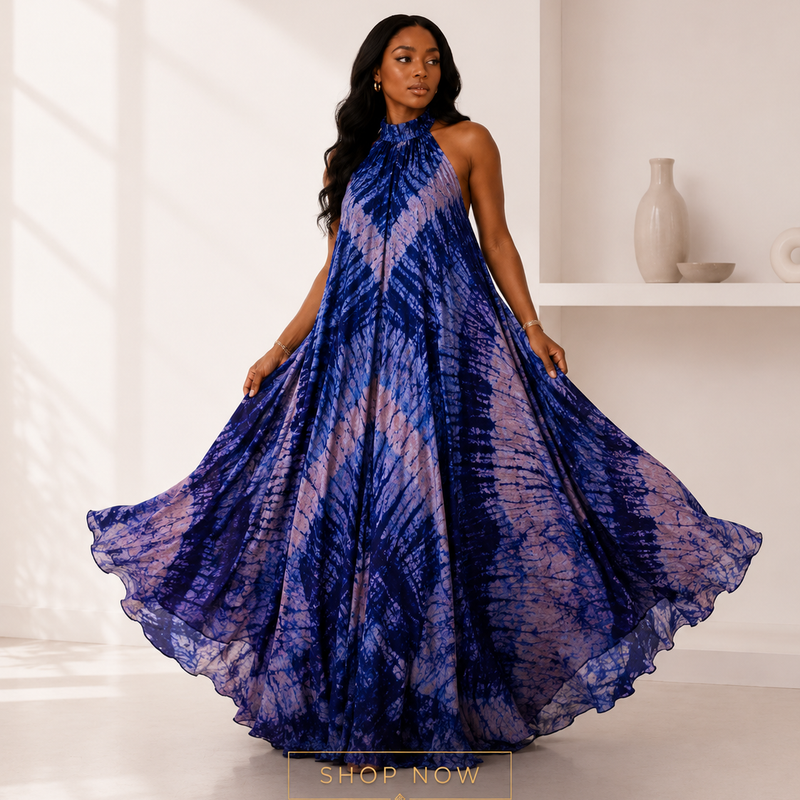 Poko Adire Silk Open Back Dress
