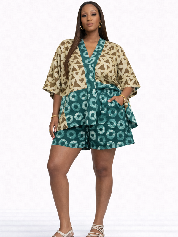 Ekemini Adire Luxe 2-Piece Short Set – African Print Kimono Top & Shorts Co-Ord Set for Women