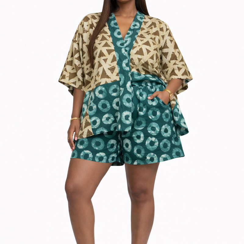 Ekemini Adire Luxe 2-Piece Short Set – African Print Kimono Top & Shorts Co-Ord Set for Women