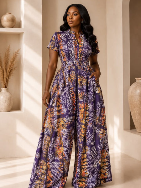 Lola Adire Wide Leg Flowy Jumpsuit- Aso Elan