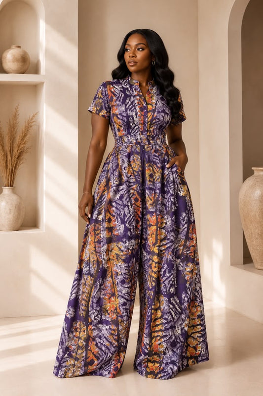 Lola Adire Wide Leg Flowy Jumpsuit- Aso Elan