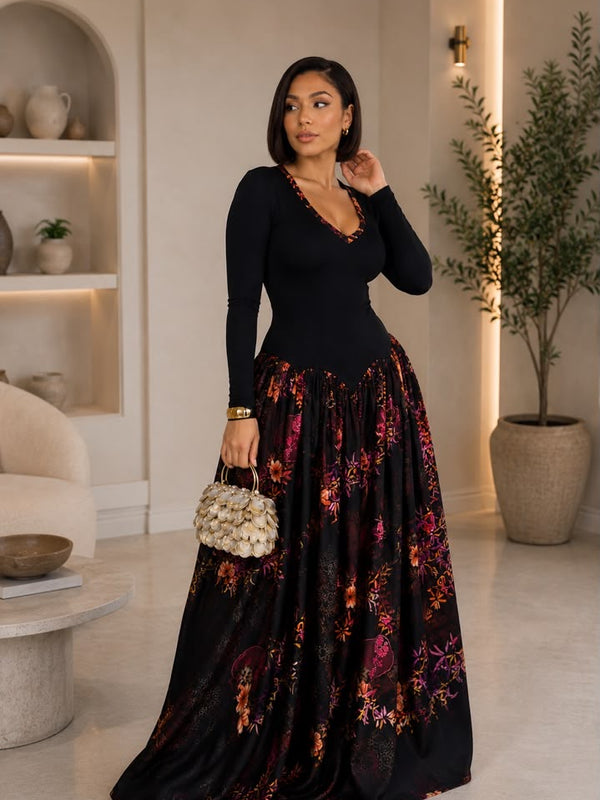 AsoElan Nene Flowy Silk Maxi Dress – Floral Long Sleeve Elegant Dress