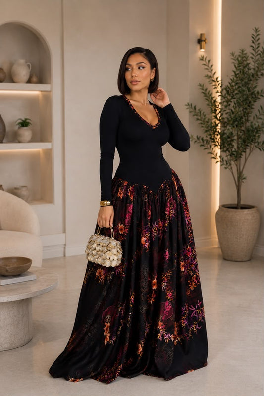 AsoElan Nene Flowy Silk Maxi Dress – Floral Long Sleeve Elegant Dress