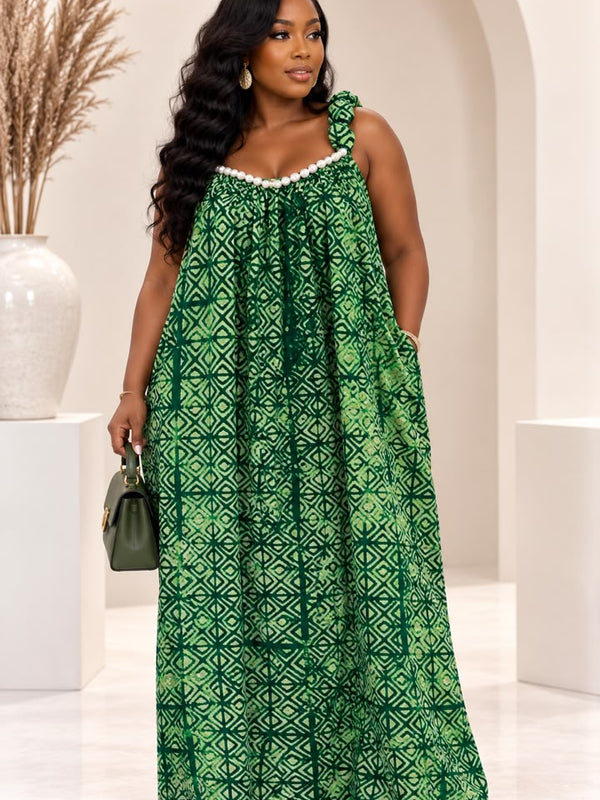 Kuala Adire Luxe Flowy Pearl Dress - Hand-Dyed African Print Kaftan Maxi