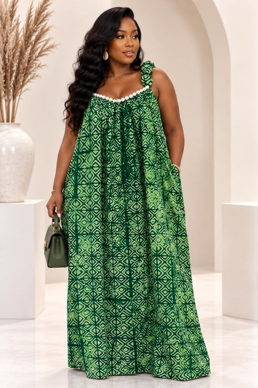 Kuala Adire Luxe Flowy Pearl Dress - Hand-Dyed African Print Kaftan Maxi