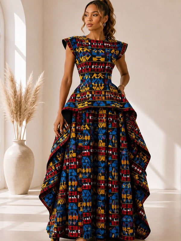 Title AsoElan Elle Akwete 2-Piece Skirt Set – Printed Crop Top & Tiered Maxi Skirt
