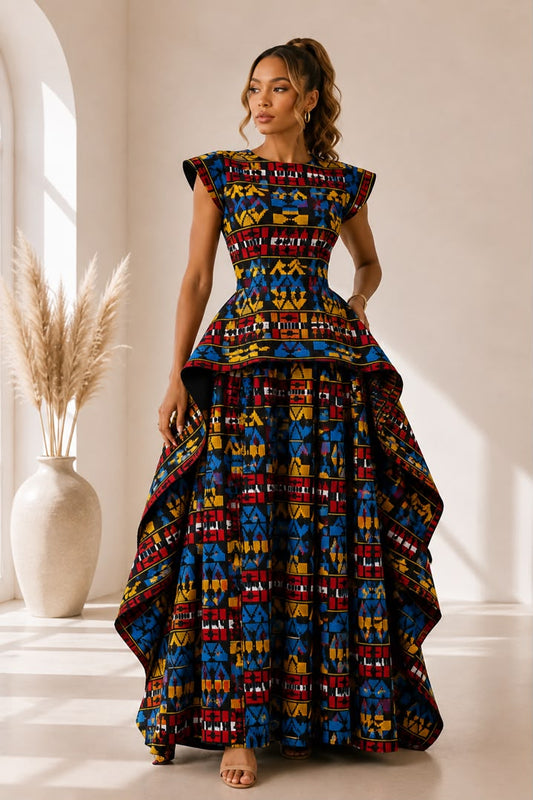 Title AsoElan Elle Akwete 2-Piece Skirt Set – Printed Crop Top & Tiered Maxi Skirt