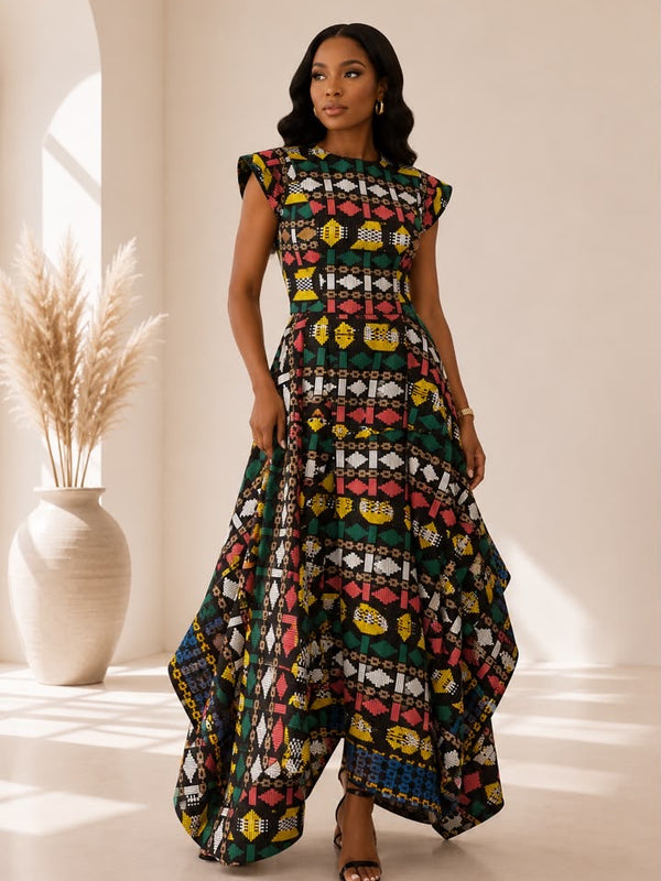 Title AsoElan Elle Akwete 2-Piece Skirt Set – Printed Crop Top & Tiered Maxi Skirt