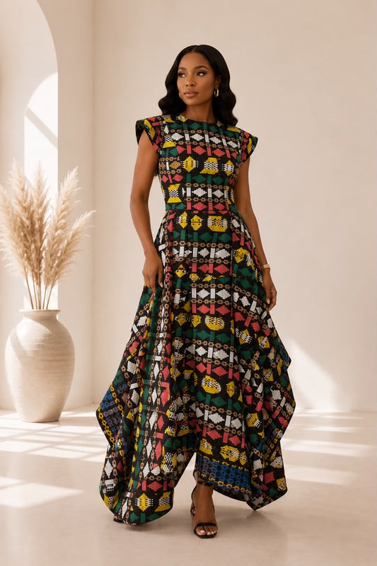 Title AsoElan Elle Akwete 2-Piece Skirt Set – Printed Crop Top & Tiered Maxi Skirt