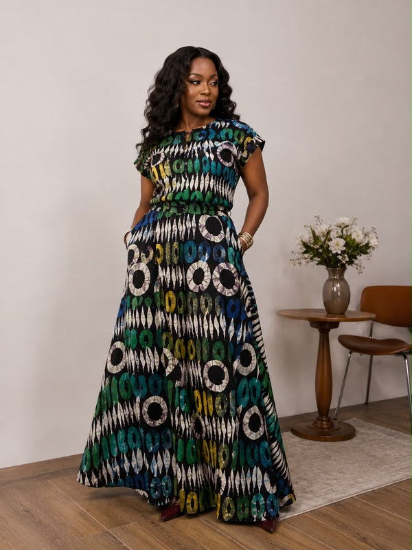 AsoElan Joseline Adire Flowy Maxi Dress – Long Sleeve Printed African Print Dress