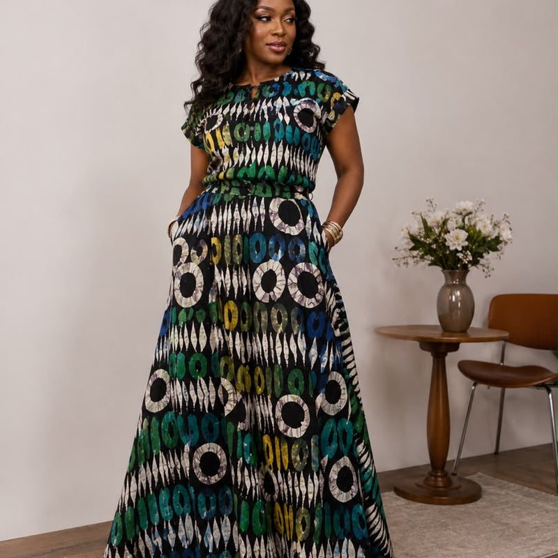 AsoElan Joseline Adire Flowy Maxi Dress – Long Sleeve Printed African Print Dress