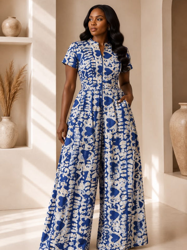 Lola Adire Wide Leg Flowy Jumpsuit- Aso Elan