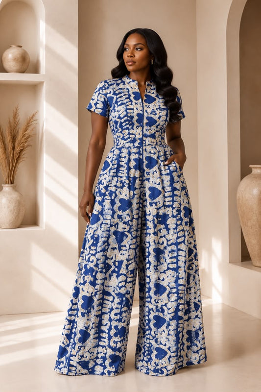 Lola Adire Wide Leg Flowy Jumpsuit- Aso Elan