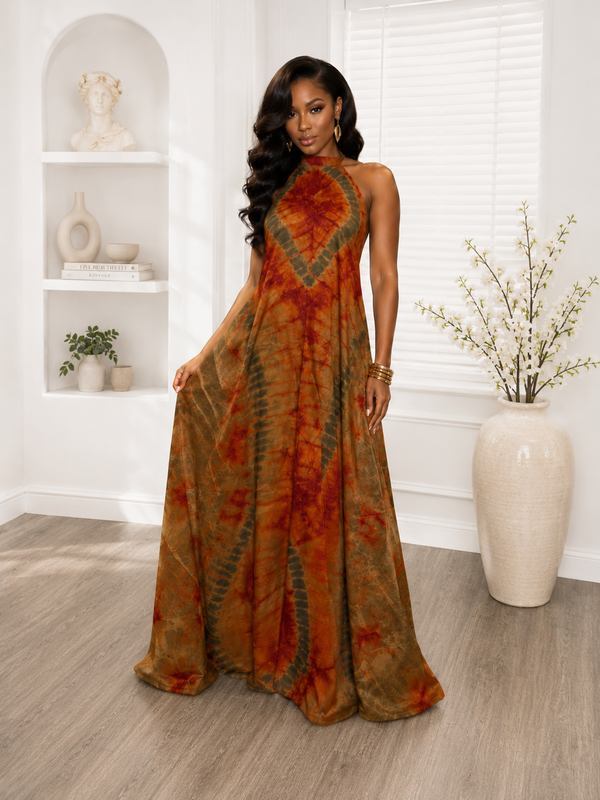 Poko Adire Silk Open Back Dress