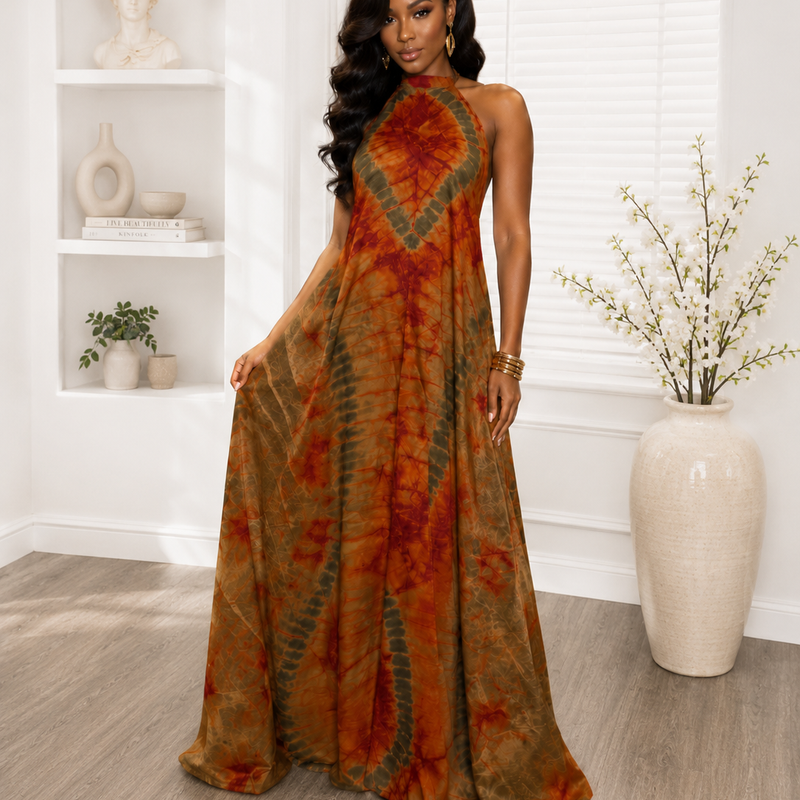 Poko Adire Silk Open Back Dress